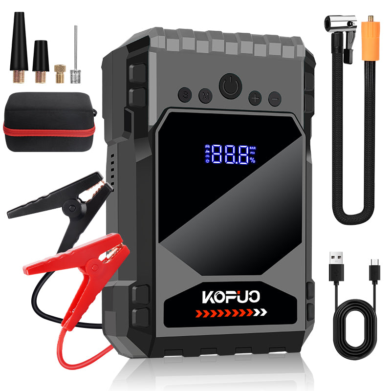000A 4-in-1 KOPUO Car Jump Starter - 150PSI Tire Inflator, LED Lighting, LCD Display, Anti-Reverse Smart Clip