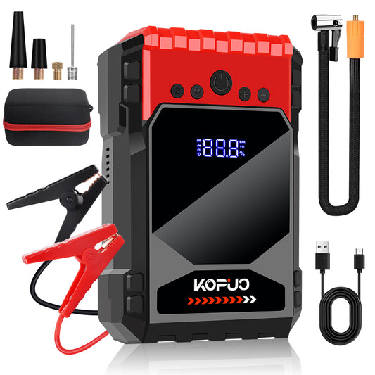 000A 4-in-1 KOPUO Car Jump Starter - 150PSI Tire Inflator, LED Lighting, LCD Display, Anti-Reverse Smart Clip