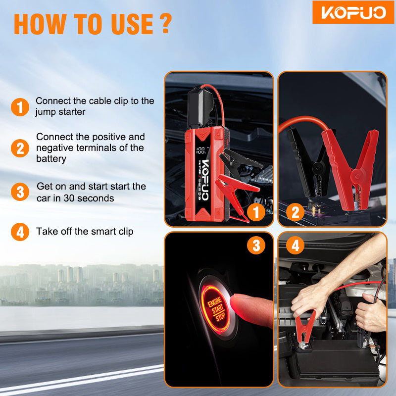 KOPUO 5000A Car Battery Jump Starter(9.0L Gas/8.0L Diesel)Portable Car Jump Starter Battery Pack/box,12V Car Battery Jumper Starter with Safety Jumper Cables, Fast Charge, Lights, Compact