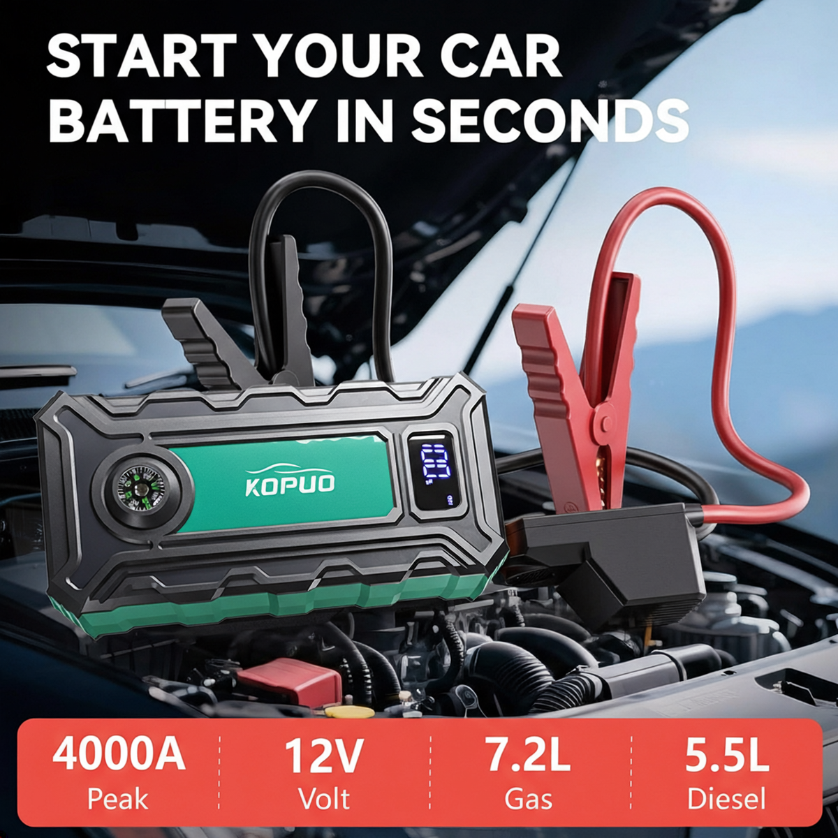 KOPUO Car Battery Charger, Ultra-Compact Car Jumper Starter Portable, Jump Box with Compass & LED Flashlight for 8.5L Gas/6.5L Diesel Engines