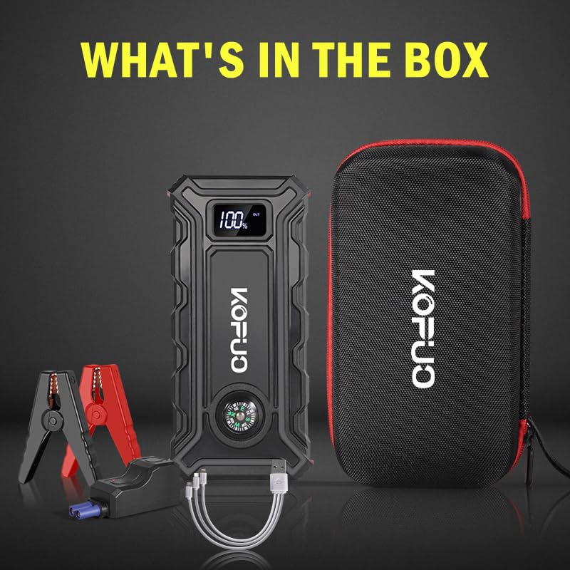 KOPUO Portable Car Battery Jump Starter 5000A Jump Box(2.38gal Gas/2.11gal Diesel) 12V Car Jump Starter Battery Pack, Fast Charge, 160W DC, 3-Mode Lights, Comes with A Storage Case for Easy Storage.