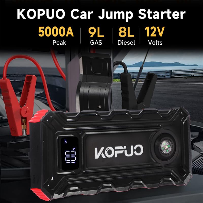 KOPUO Portable Car Battery Jump Starter 5000A Jump Box(2.38gal Gas/2.11gal Diesel) 12V Car Jump Starter Battery Pack, Fast Charge, 160W DC, 3-Mode Lights, Comes with A Storage Case for Easy Storage.
