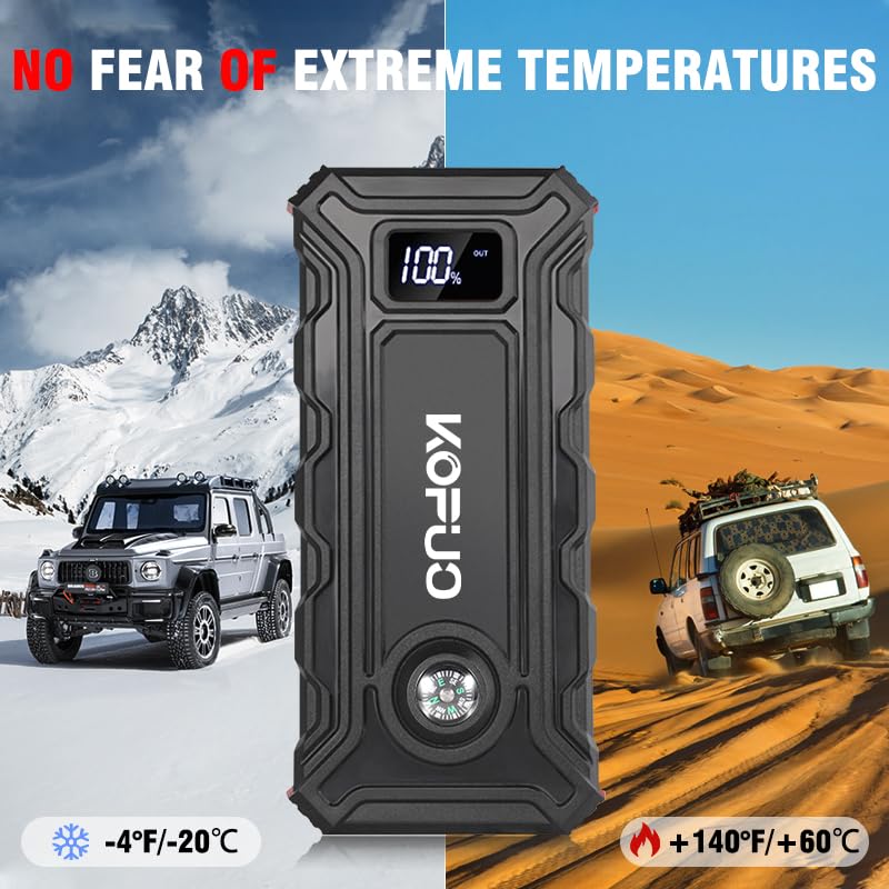 KOPUO Portable Car Battery Jump Starter 5000A Jump Box(2.38gal Gas/2.11gal Diesel) 12V Car Jump Starter Battery Pack, Fast Charge, 160W DC, 3-Mode Lights, Comes with A Storage Case for Easy Storage.