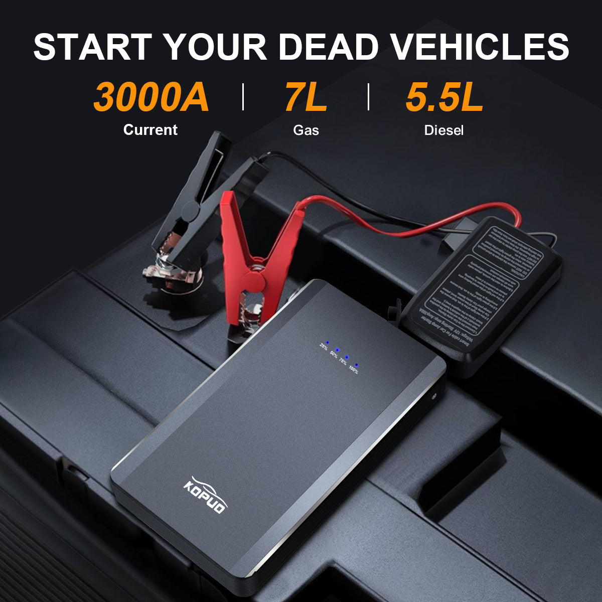 KOPUO 5000A Car Battery Jump Starter(9.0L Gas/8.0L Diesel)Portable Car Jump Starter Battery Pack/box,12V Car Battery Jumper Starter with Safety Jumper Cables, Fast Charge, Lights, Compact
