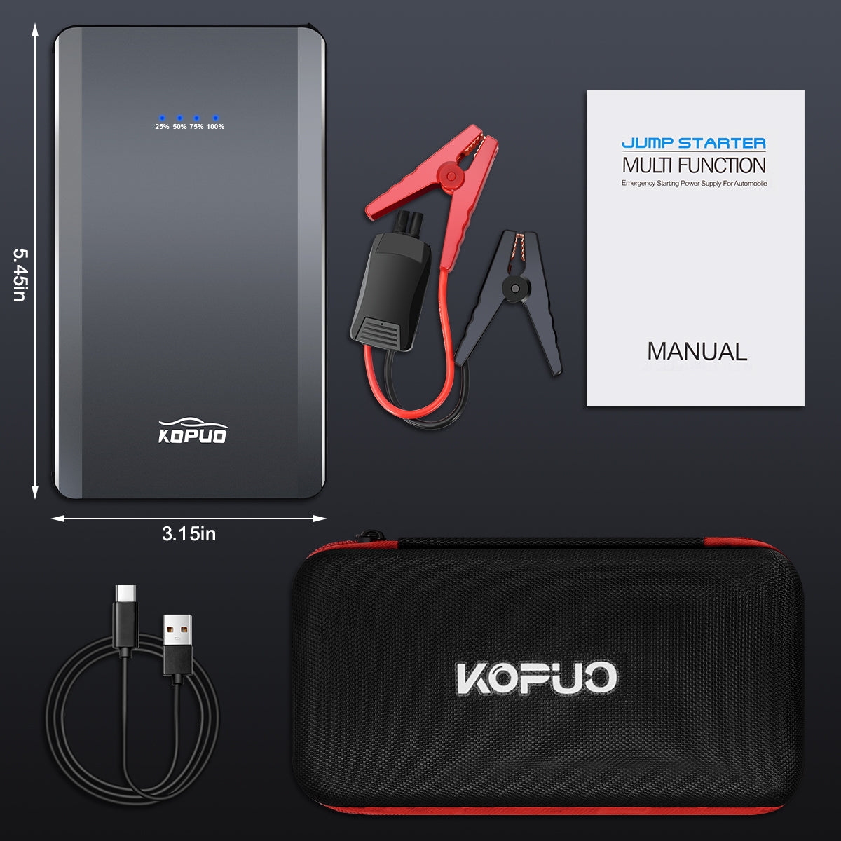 KOPUO 5000A Car Battery Jump Starter(9.0L Gas/8.0L Diesel)Portable Car Jump Starter Battery Pack/box,12V Car Battery Jumper Starter with Safety Jumper Cables, Fast Charge, Lights, Compact