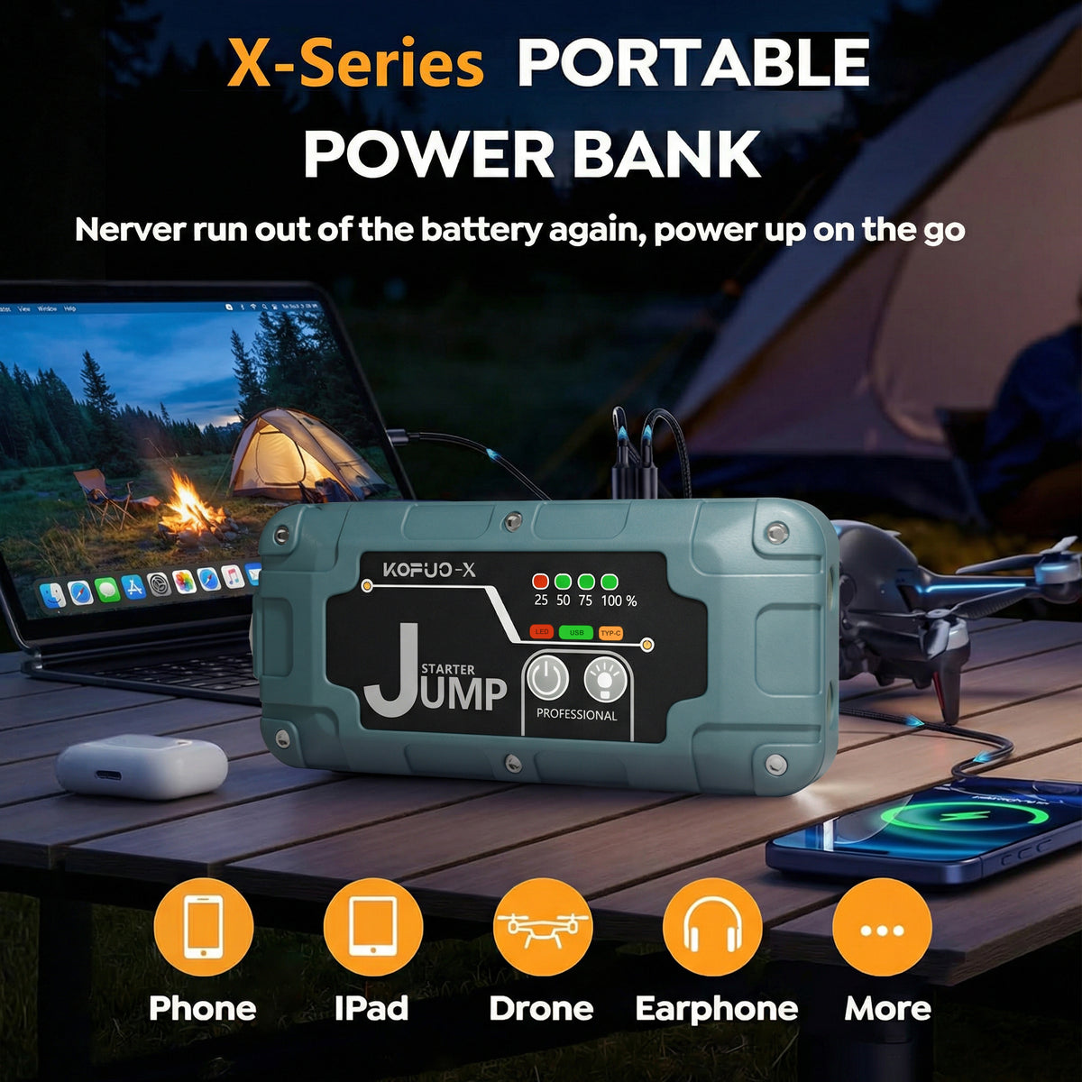 KOPUO-X Car Jump Starter, 6000A Peak 12V Jump Box with Safety Hammer, 500LM LED Flashlight for 8.0L Gas & 6.5L Diesel Engines Green