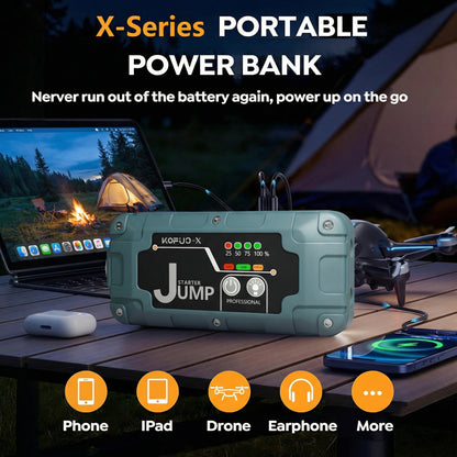 KOPUO-X Car Jump Starter, 6000A Peak 12V Jump Box with Safety Hammer, 500LM LED Flashlight for 8.0L Gas & 6.5L Diesel Engines Green
