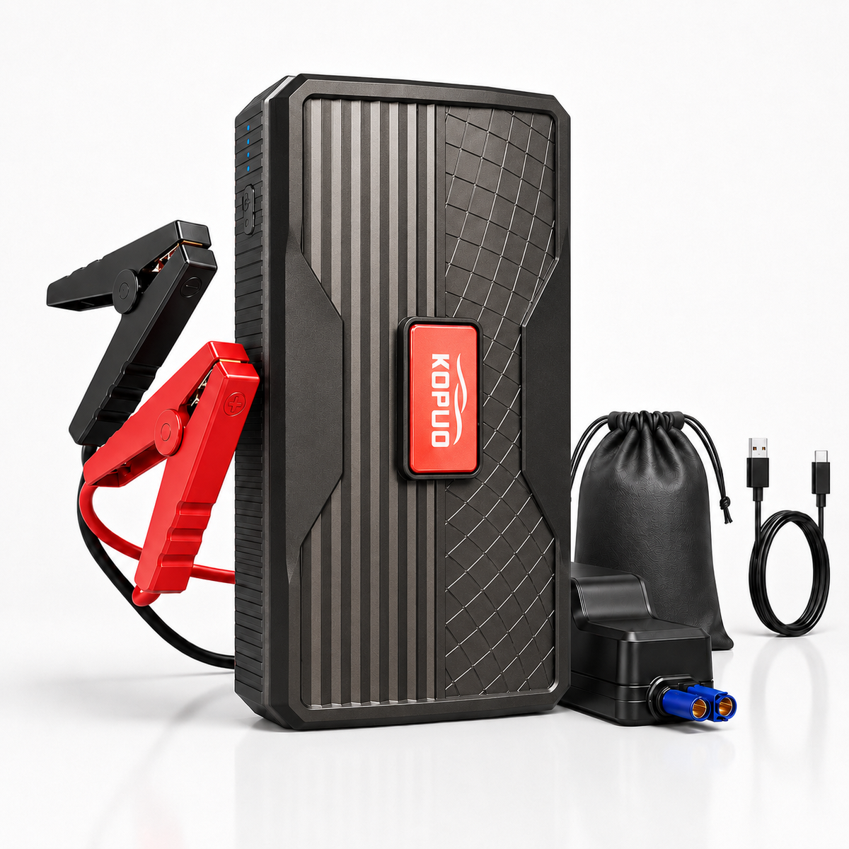 KOPUO Portable Jump Starter for Car, 6000A Jump Pack with Smart Anti-Reverse Clamps, 400-Lumen LCD Flashlight, Emergency Power Bank for Extreme Weather