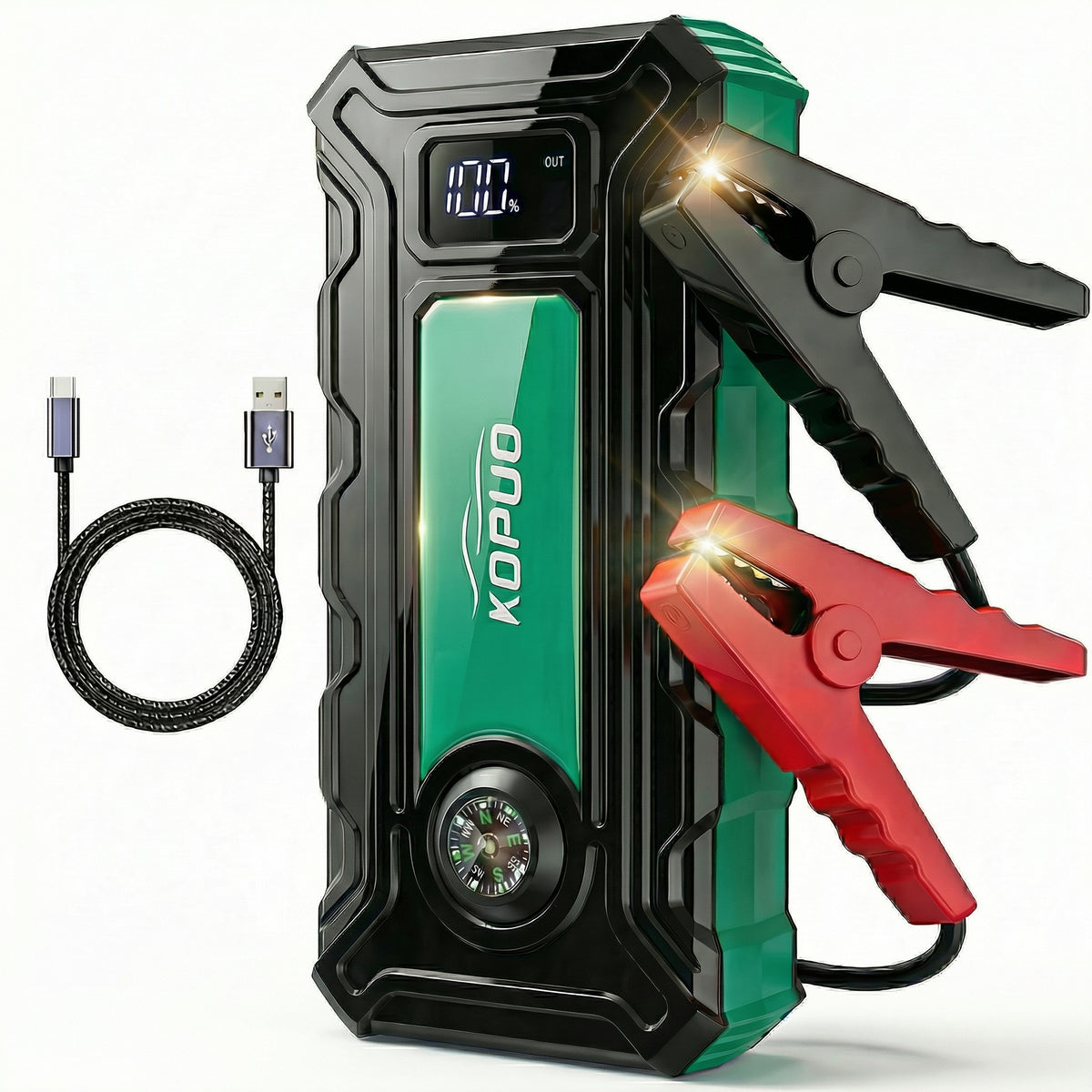 KOPUO Car Battery Charger, Ultra-Compact Car Jumper Starter Portable, Jump Box with Compass & LED Flashlight for 8.5L Gas/6.5L Diesel Engines