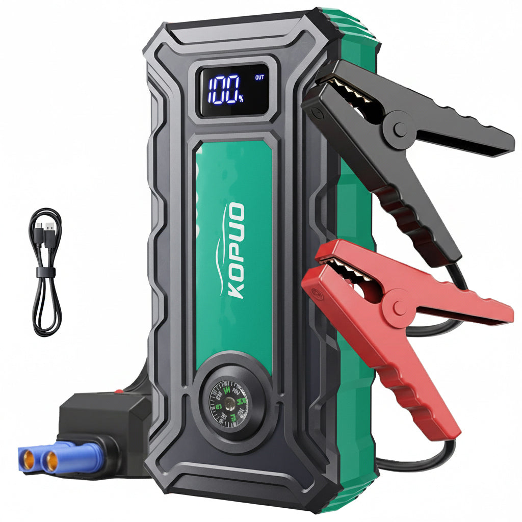 KOPUO Car Battery Charger, Ultra-Compact Car Jumper Starter Portable, Jump Box with Compass & LED Flashlight for 8.5L Gas/6.5L Diesel Engines