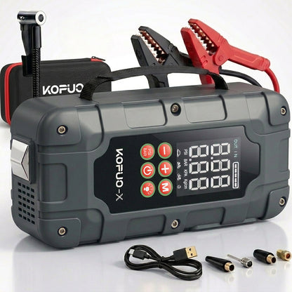 KOPUO-X Car Jump Starter, 9000A Jump Pack for All Gas & 12L Diesel, 150PS Jump Starter with Air Compressor, 500LM LED Flashlight, Portable Grey with Handle