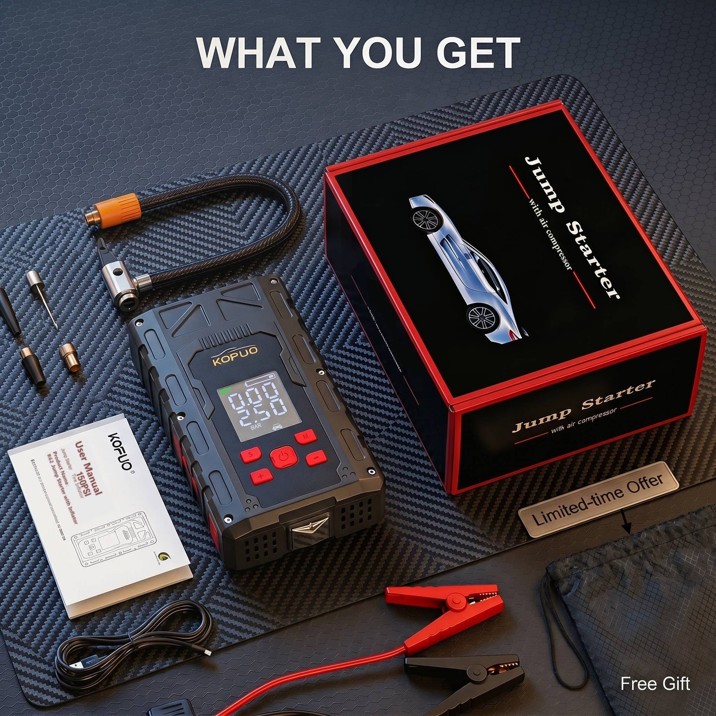 KOPUO 4 in 1 Auto Starthilfe, 150PSI Reifenfüller, LED Beleuchtung, LCD Display, Anti Reverse Smart Clip, geeignet für 2,64 Gallonen Benzin und 2,11 Gallonen Dieselmotoren, ideales Weihnachtsgeschenk R66