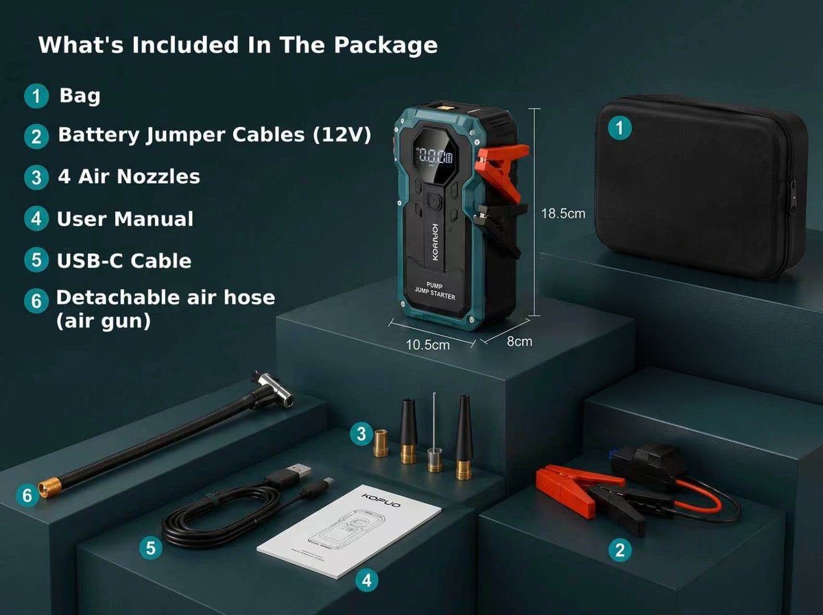 KOPUO Automotive Jump Starter with Air Compressor 6000A, 150PSI Tire Inflator, Battery Jump Starter Portable, 12V Vehicles (Up to 9.0L Gas/7.5L Diesel), USB-C Charging & LED Display
