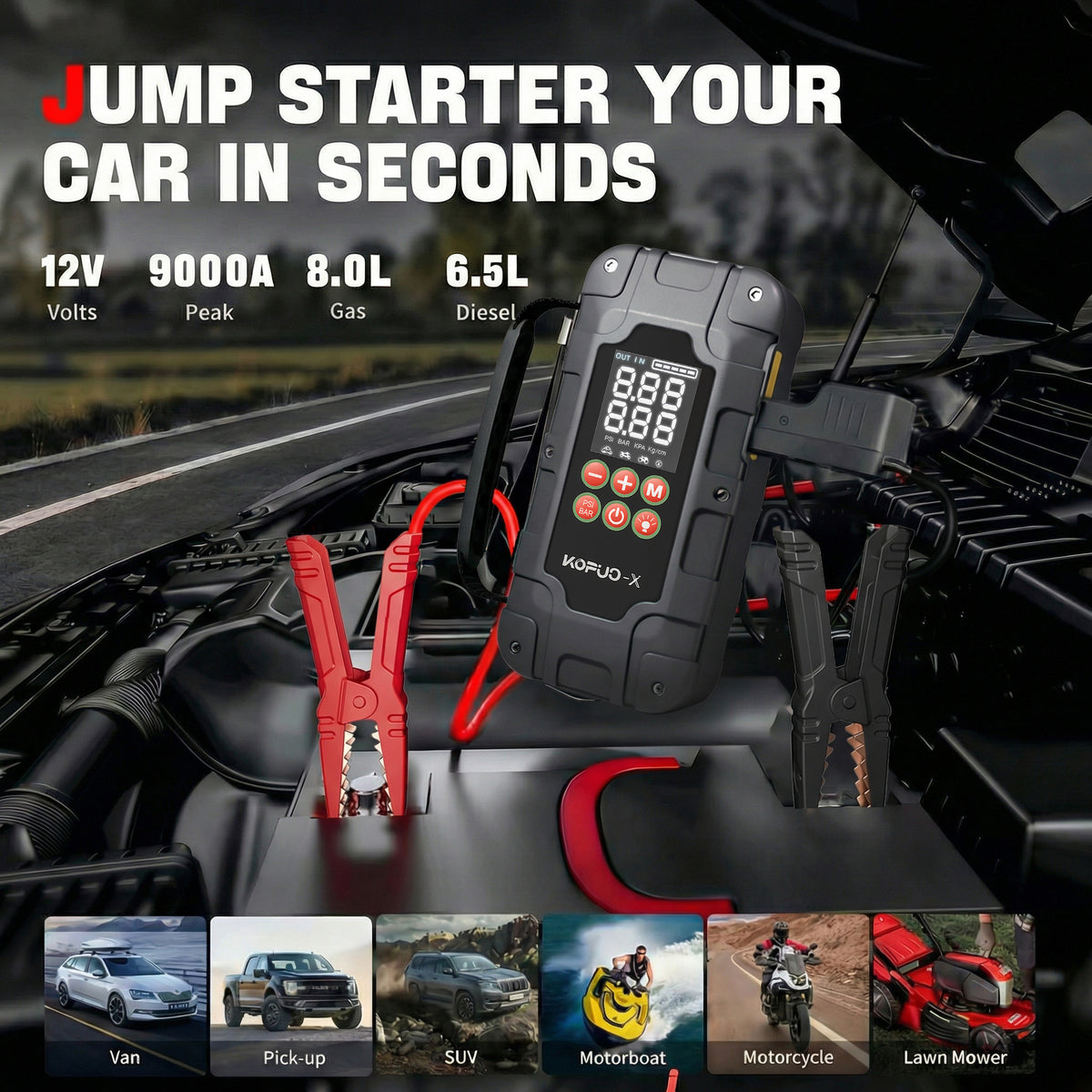 KOPUO-X Car Jump Starter, 9000A Jump Pack for All Gas & 12L Diesel, 150PS Jump Starter with Air Compressor, 500LM LED Flashlight, Portable Grey with Handle