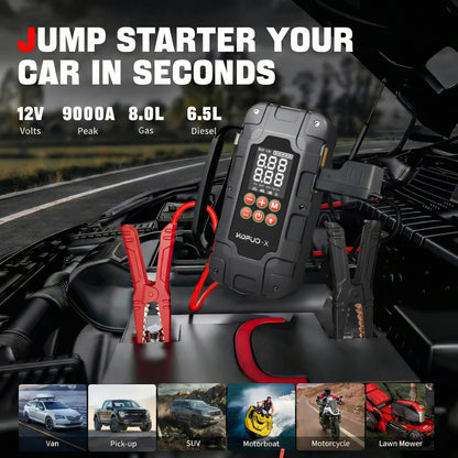 KOPUO-X Car Jump Starter, 9000A Jump Pack for All Gas & 12L Diesel, 150PS Jump Starter with Air Compressor, 500LM LED Flashlight, Portable Grey with Handle