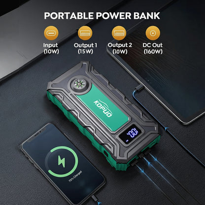 KOPUO Car Battery Charger, Ultra-Compact Car Jumper Starter Portable, Jump Box with Compass & LED Flashlight for 8.5L Gas/6.5L Diesel Engines