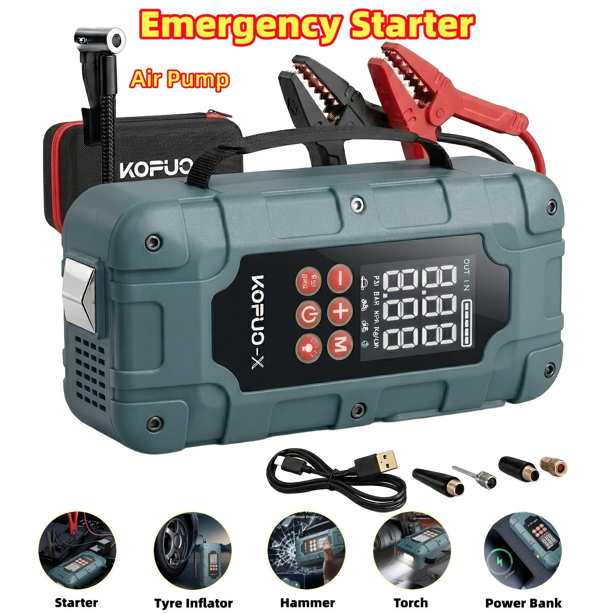 KOPUO 4 in 1 Auto Starthilfe, 150PSI Reifenfüller, LED Beleuchtung, LCD Display, Anti Reverse Smart Clip, geeignet für 2,64 Gallonen Benzin und 2,11 Gallonen Dieselmotoren, ideales Weihnachtsgeschenk R66（副本）