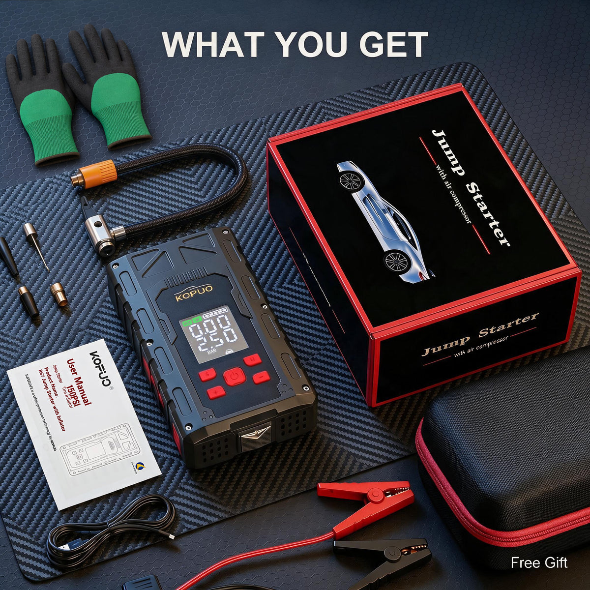 KOPUO Car Battery Jump Starter with Air Compressor,7000A Jumper Box for Car Battery Portable Booster Jump Pack,12V Jump starter 150PSI Car Tire Inflator Air Pump, for 8.0L Gas & 6.5L Diesel
