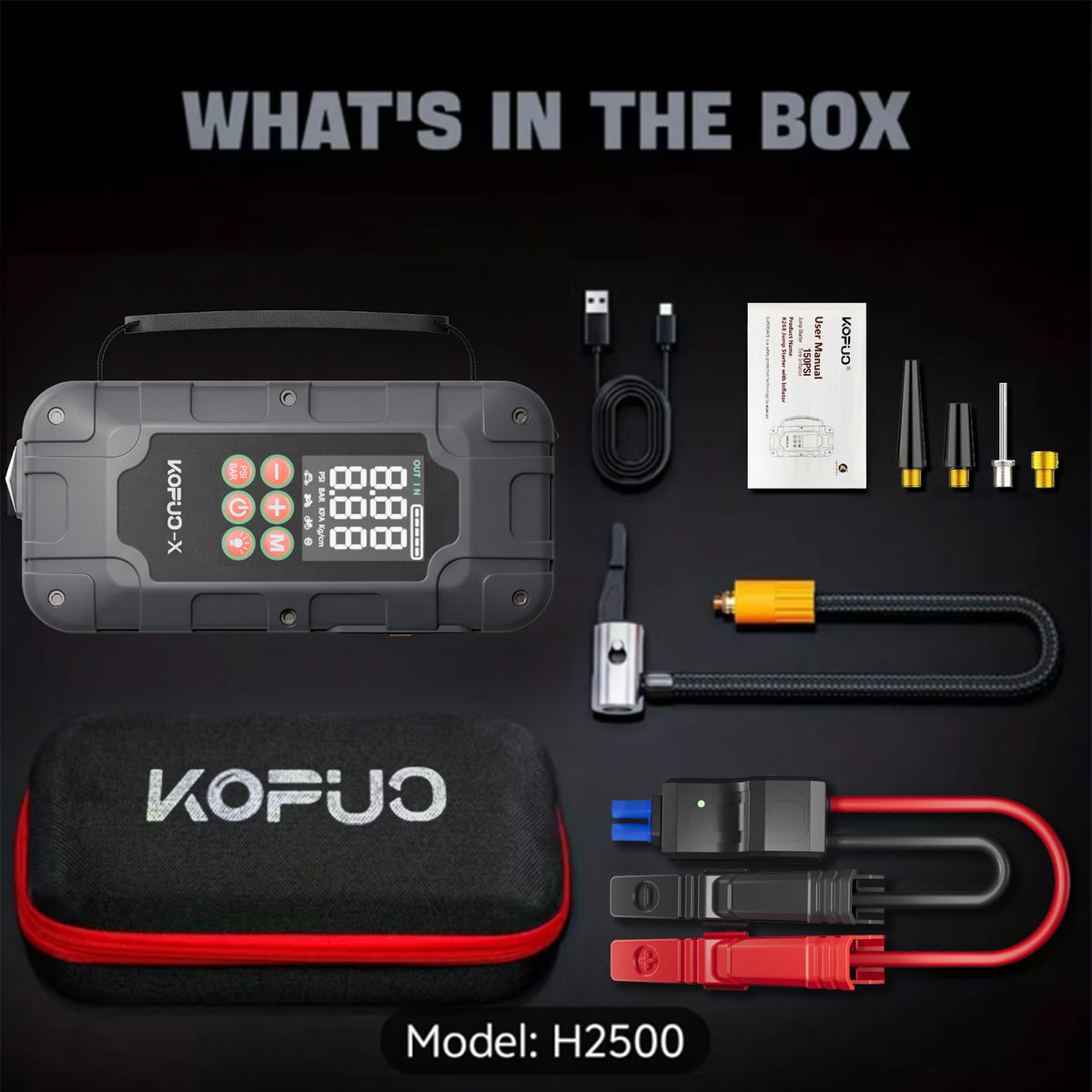 KOPUO-X Car Jump Starter, 9000A Jump Pack for All Gas & 12L Diesel, 150PS Jump Starter with Air Compressor, 500LM LED Flashlight, Portable Grey with Handle