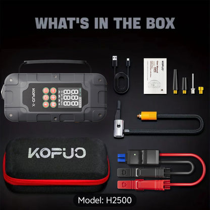 KOPUO-X Car Jump Starter, 9000A Jump Pack for All Gas & 12L Diesel, 150PS Jump Starter with Air Compressor, 500LM LED Flashlight, Portable Grey with Handle