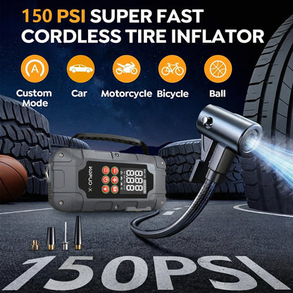 KOPUO-X Car Jump Starter, 9000A Jump Pack for All Gas & 12L Diesel, 150PS Jump Starter with Air Compressor, 500LM LED Flashlight, Portable Grey with Handle