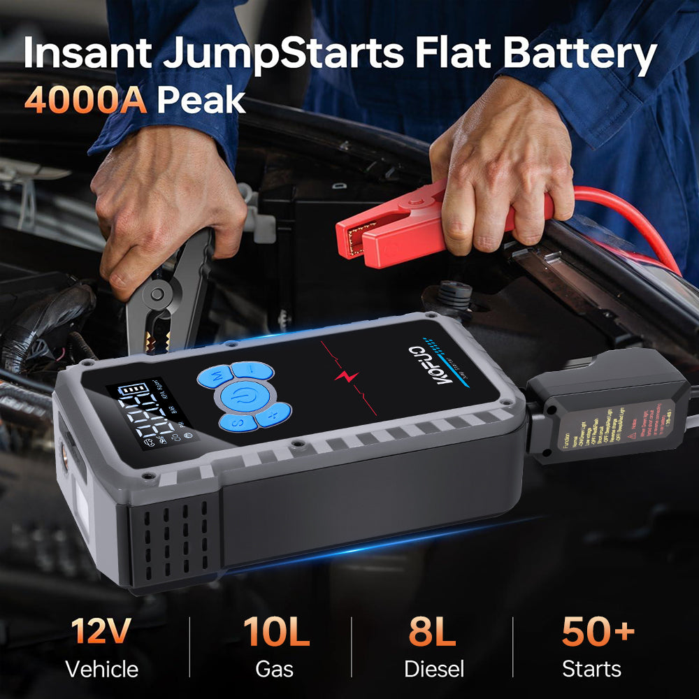 r67-pro 4000A 4-in-1 KOPUO Car Jump Starter - 150PSI Tire Inflator, LED Lighting, LCD Display, Anti-Reverse Smart Clip（副本）