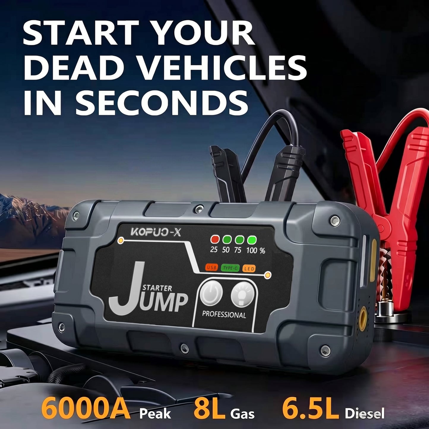 KOPUO 12V Compact Portable Multifunctional Lithium Ion Rechargeable Car Jump Starter Battery with Smart Clamp, Stable Performance, International Warranty, Cold Resistant, Heat Resistant, Durable, for 12V-5L Gasoline Vehicles, Urban Commuters, Cars A