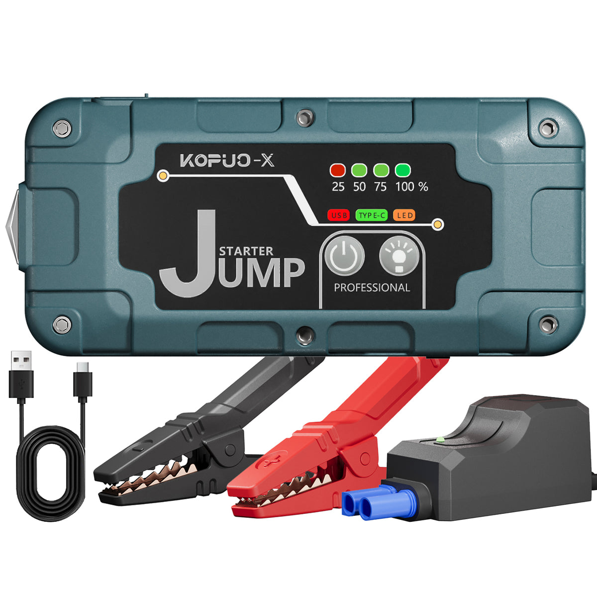 KOPUO-X Car Jump Starter, 6000A Peak 12V Jump Box with Safety Hammer, 500LM LED Flashlight for 8.0L Gas & 6.5L Diesel Engines Green