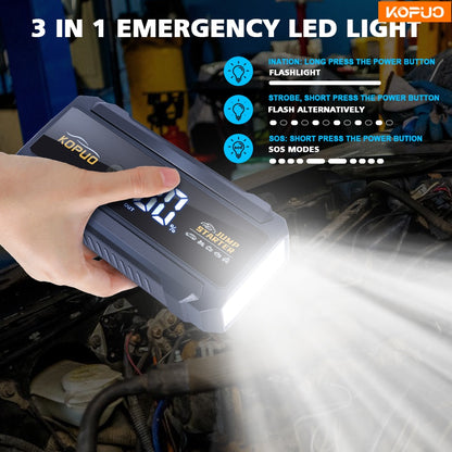 KOPUO 5000A Car Battery Jump Starter(9.0L Gas/8.0L Diesel)Portable Car Jump Starter Battery Pack/box,12V Car Battery Jumper Starter with Safety Jumper Cables, Fast Charge, Lights, Compact（副本）
