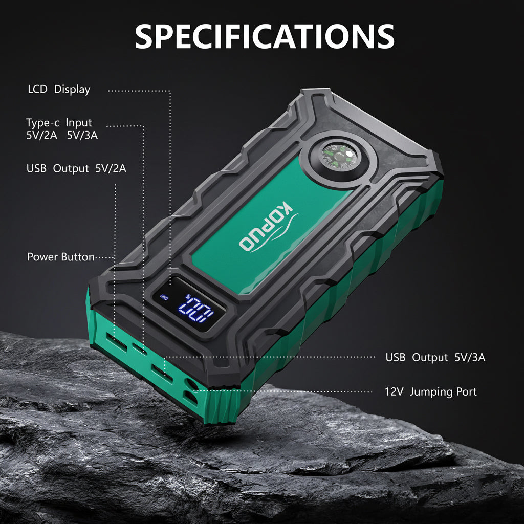 KOPUO Car Battery Charger, Ultra-Compact Car Jumper Starter Portable, Jump Box with Compass & LED Flashlight for 8.5L Gas/6.5L Diesel Engines
