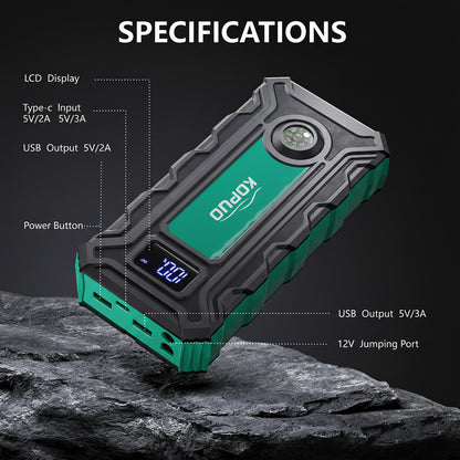 KOPUO Car Battery Charger, Ultra-Compact Car Jumper Starter Portable, Jump Box with Compass & LED Flashlight for 8.5L Gas/6.5L Diesel Engines