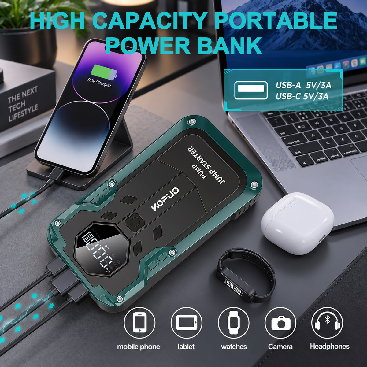 KOPUO Automotive Jump Starter with Air Compressor 6000A, 150PSI Tire Inflator, Battery Jump Starter Portable, 12V Vehicles (Up to 9.0L Gas/7.5L Diesel), USB-C Charging & LED Display