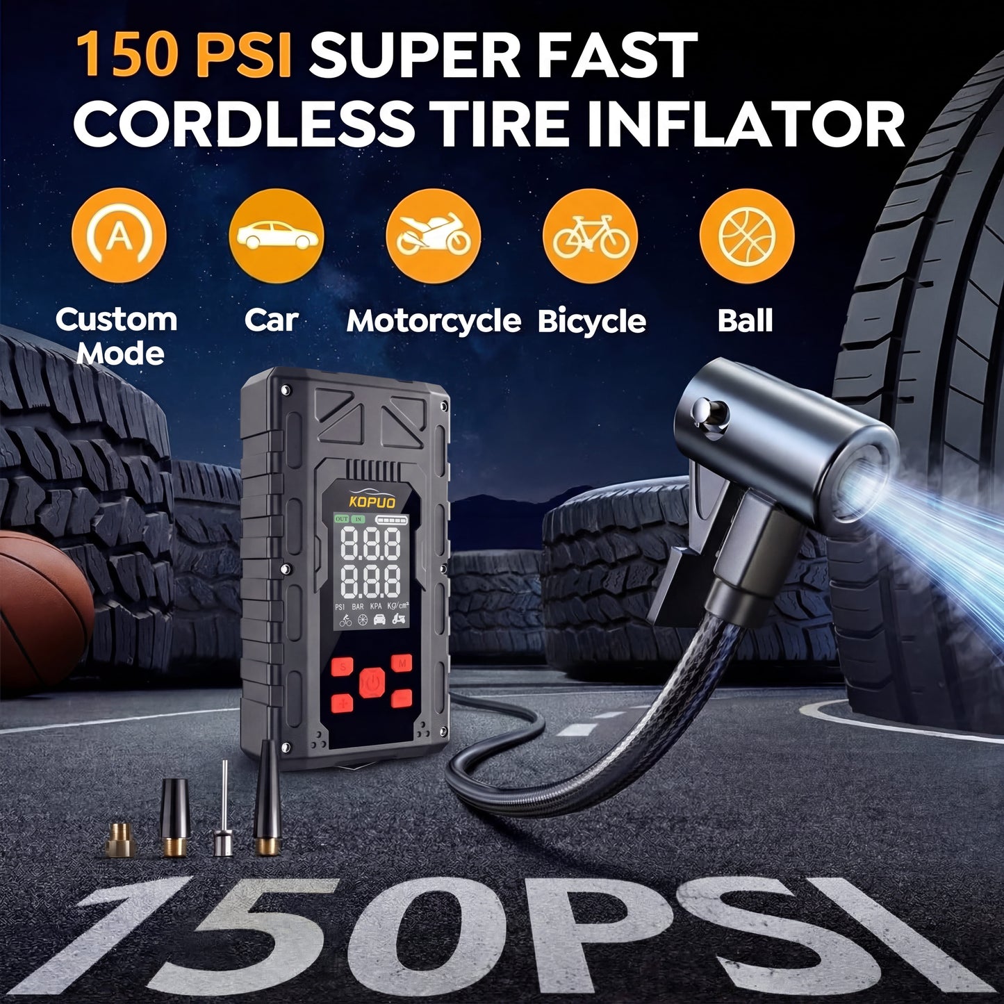 KOPUO 4 in 1 Auto Starthilfe, 150PSI Reifenfüller, LED Beleuchtung, LCD Display, Anti Reverse Smart Clip, geeignet für 2,64 Gallonen Benzin und 2,11 Gallonen Dieselmotoren, ideales Weihnachtsgeschenk R66