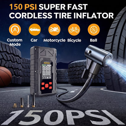 KOPUO 4 in 1 Auto Starthilfe, 150PSI Reifenfüller, LED Beleuchtung, LCD Display, Anti Reverse Smart Clip, geeignet für 2,64 Gallonen Benzin und 2,11 Gallonen Dieselmotoren, ideales Weihnachtsgeschenk R66