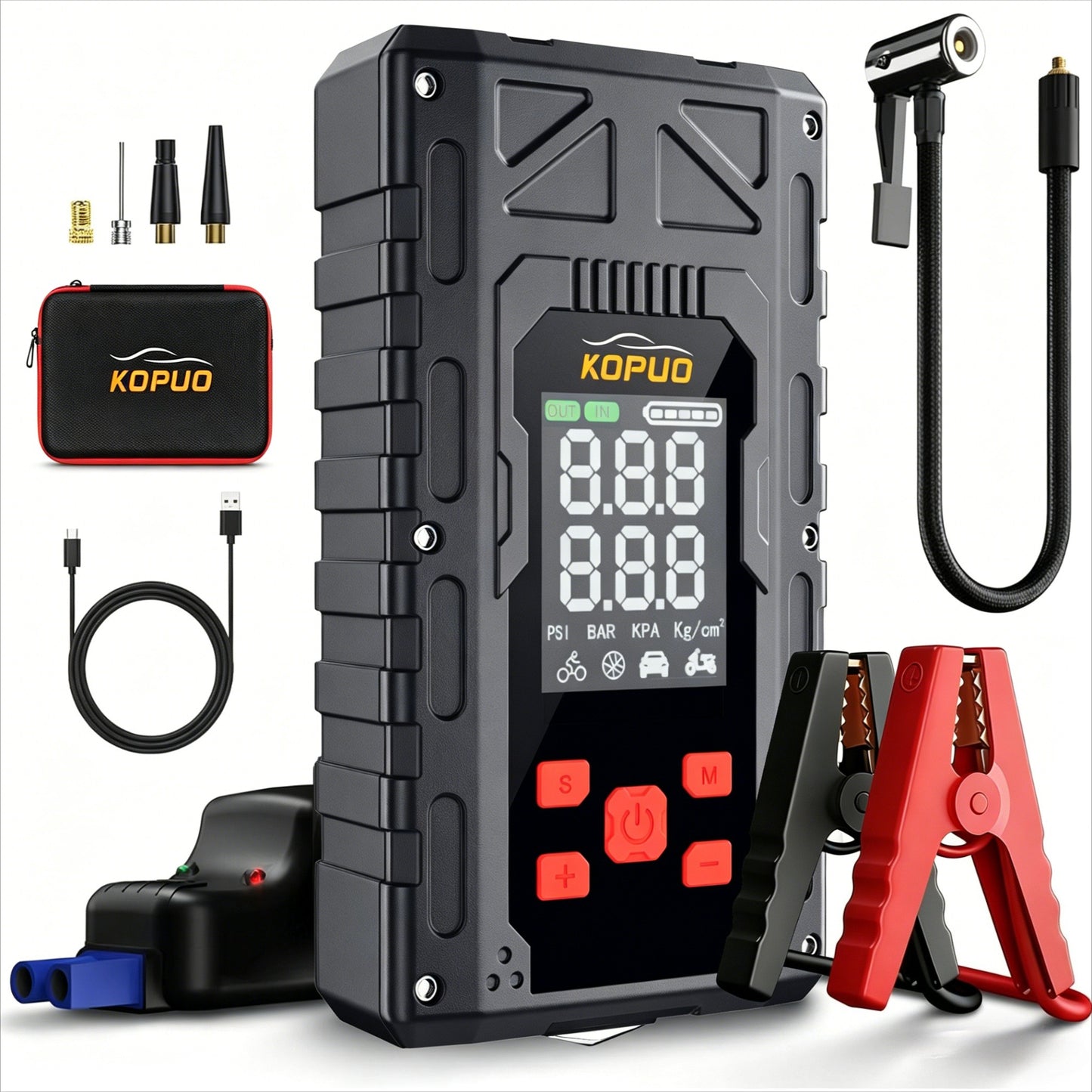 KOPUO 4 in 1 Auto Starthilfe, 150PSI Reifenfüller, LED Beleuchtung, LCD Display, Anti Reverse Smart Clip, geeignet für 2,64 Gallonen Benzin und 2,11 Gallonen Dieselmotoren, ideales Weihnachtsgeschenk R66
