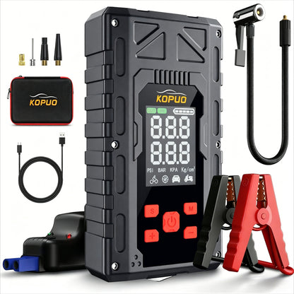 KOPUO 4 in 1 Auto Starthilfe, 150PSI Reifenfüller, LED Beleuchtung, LCD Display, Anti Reverse Smart Clip, geeignet für 2,64 Gallonen Benzin und 2,11 Gallonen Dieselmotoren, ideales Weihnachtsgeschenk R66