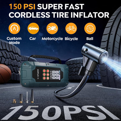 KOPUO 4 in 1 Auto Starthilfe, 150PSI Reifenfüller, LED Beleuchtung, LCD Display, Anti Reverse Smart Clip, geeignet für 2,64 Gallonen Benzin und 2,11 Gallonen Dieselmotoren, ideales Weihnachtsgeschenk R66（副本）