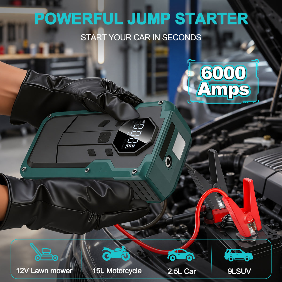 KOPUO Automotive Jump Starter with Air Compressor 6000A, 150PSI Tire Inflator, Battery Jump Starter Portable, 12V Vehicles (Up to 9.0L Gas/7.5L Diesel), USB-C Charging & LED Display