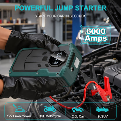 KOPUO Automotive Jump Starter with Air Compressor 6000A, 150PSI Tire Inflator, Battery Jump Starter Portable, 12V Vehicles (Up to 9.0L Gas/7.5L Diesel), USB-C Charging & LED Display