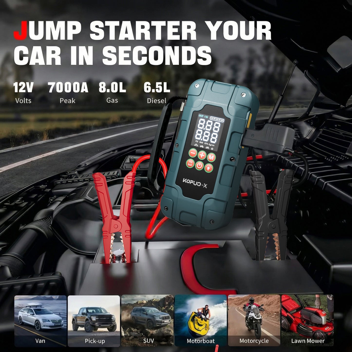 KOPUO 4 in 1 Auto Starthilfe, 150PSI Reifenfüller, LED Beleuchtung, LCD Display, Anti Reverse Smart Clip, geeignet für 2,64 Gallonen Benzin und 2,11 Gallonen Dieselmotoren, ideales Weihnachtsgeschenk R66（副本）