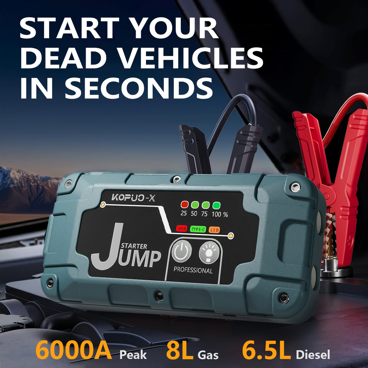 KOPUO-X Car Jump Starter, 6000A Peak 12V Jump Box with Safety Hammer, 500LM LED Flashlight for 8.0L Gas & 6.5L Diesel Engines Green