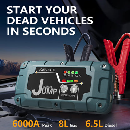 KOPUO-X Car Jump Starter, 6000A Peak 12V Jump Box with Safety Hammer, 500LM LED Flashlight for 8.0L Gas & 6.5L Diesel Engines Green