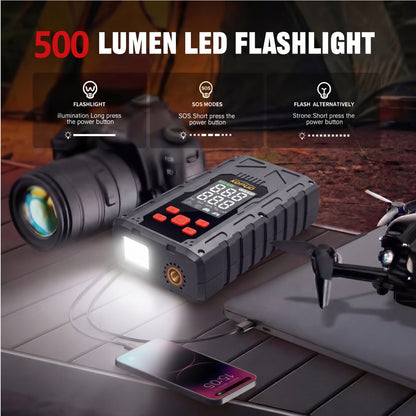 KOPUO 4 in 1 Auto Starthilfe, 150PSI Reifenfüller, LED Beleuchtung, LCD Display, Anti Reverse Smart Clip, geeignet für 2,64 Gallonen Benzin und 2,11 Gallonen Dieselmotoren, ideales Weihnachtsgeschenk R66