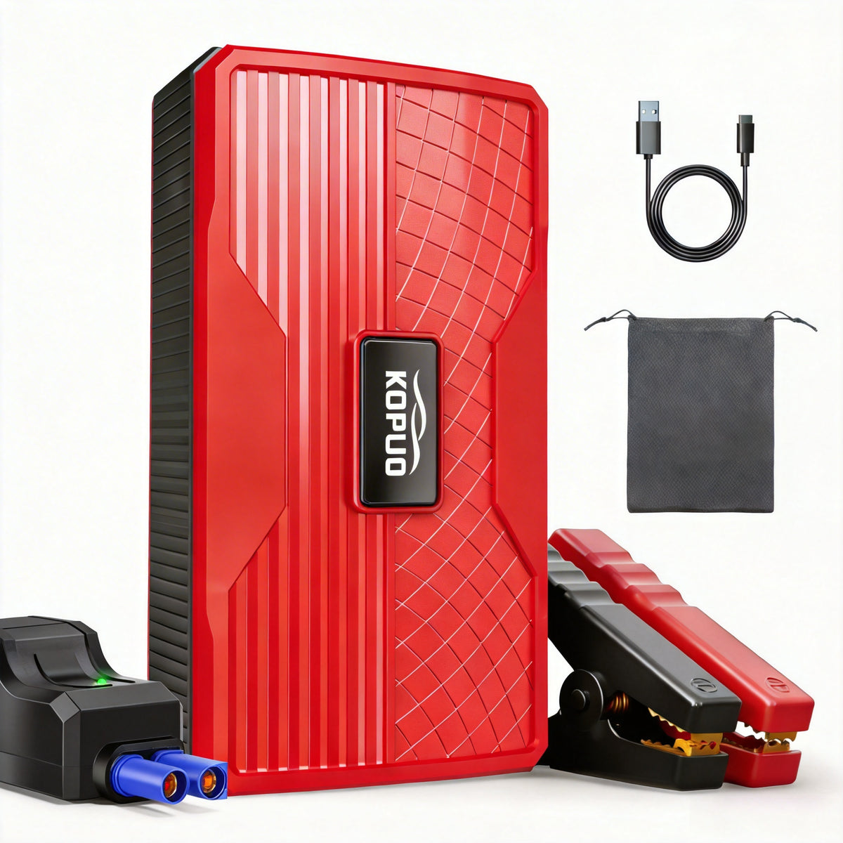 KOPUO Portable Jump Starter for Car, 6000A Jump Pack with Smart Anti-Reverse Clamps, 400-Lumen LCD Flashlight, Emergency Power Bank for Extreme Weather