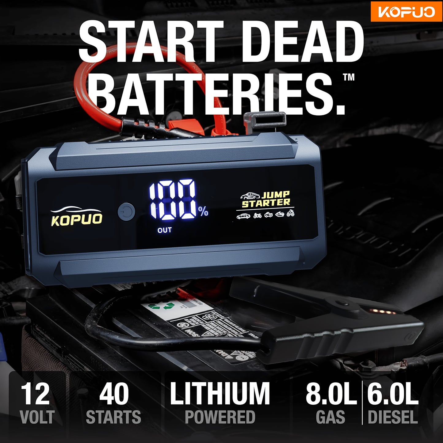 KOPUO 5000A Car Battery Jump Starter(9.0L Gas/8.0L Diesel)Portable Car Jump Starter Battery Pack/box,12V Car Battery Jumper Starter with Safety Jumper Cables, Fast Charge, Lights, Compact（副本）