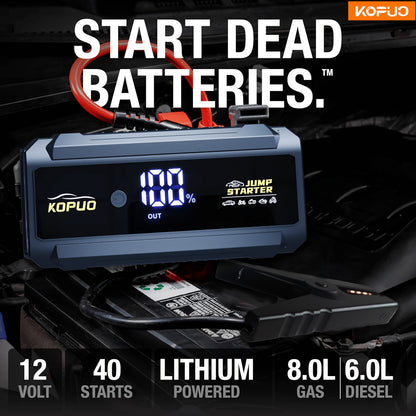 KOPUO 5000A Car Battery Jump Starter(9.0L Gas/8.0L Diesel)Portable Car Jump Starter Battery Pack/box,12V Car Battery Jumper Starter with Safety Jumper Cables, Fast Charge, Lights, Compact（副本）