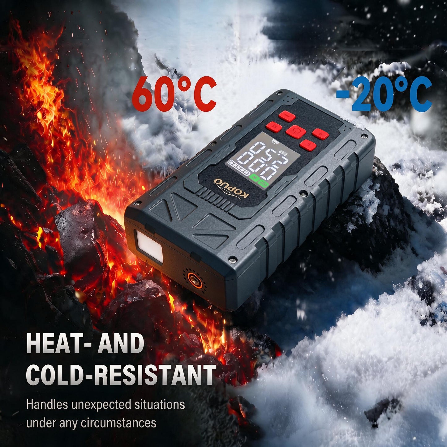 KOPUO 4 in 1 Auto Starthilfe, 150PSI Reifenfüller, LED Beleuchtung, LCD Display, Anti Reverse Smart Clip, geeignet für 2,64 Gallonen Benzin und 2,11 Gallonen Dieselmotoren, ideales Weihnachtsgeschenk R66