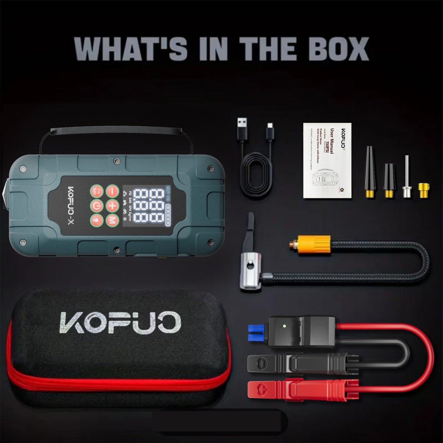 KOPUO 4 in 1 Auto Starthilfe, 150PSI Reifenfüller, LED Beleuchtung, LCD Display, Anti Reverse Smart Clip, geeignet für 2,64 Gallonen Benzin und 2,11 Gallonen Dieselmotoren, ideales Weihnachtsgeschenk R66（副本）
