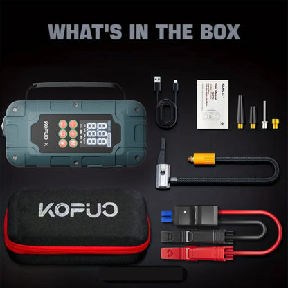 KOPUO 4 in 1 Auto Starthilfe, 150PSI Reifenfüller, LED Beleuchtung, LCD Display, Anti Reverse Smart Clip, geeignet für 2,64 Gallonen Benzin und 2,11 Gallonen Dieselmotoren, ideales Weihnachtsgeschenk R66（副本）